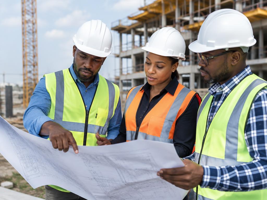 Ingénieurs CHOISY étudiant des plans sur chantier
